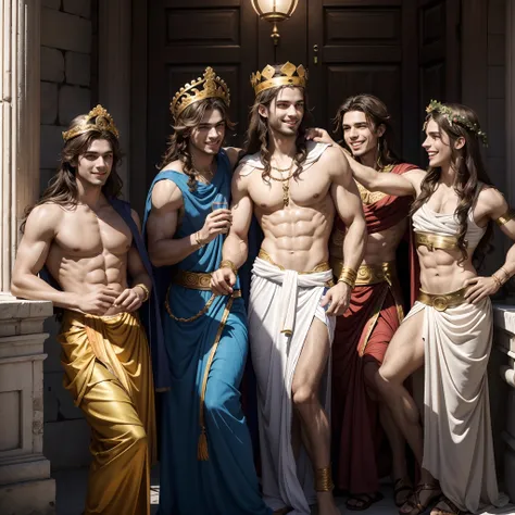 Three young greek gods are having a wild party, "The first is god of civilization and prophecy, With blond long hair and blue eyes, Is fair-skinned, Has light musclar body, Wears a white greek male toga, puts on a laurel wreath", "The second is god of dram...