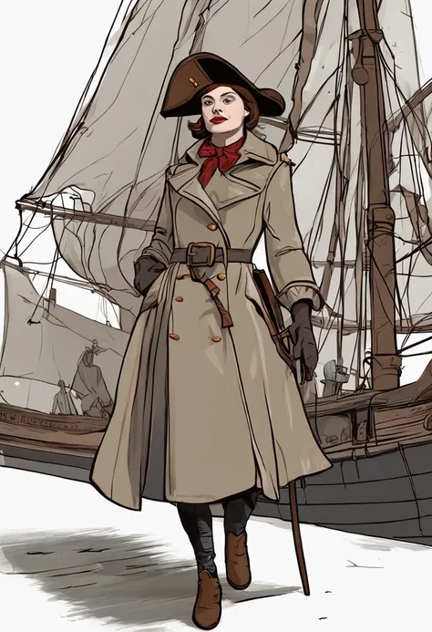 Woman with short brown hair，Wearing a gray trench coat，Take the fire hammer，With a triangular captains hat，18th century，Stand at the bow of an ancient sailing ship