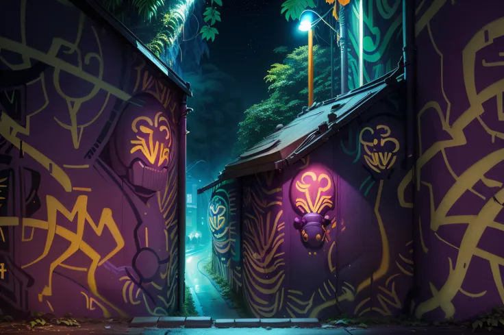 "Nighttime urban scene with street lighting, featuring an (astronaut:1.4) (looking to wall (vibrant jungle graffiti:1.6)), (Frankfurt street:1.1) (wet street:1.2), (side view:1.2)"