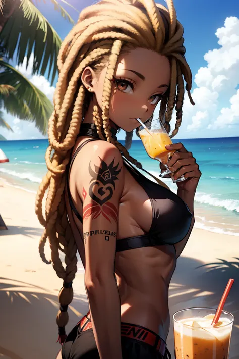 girl, brown eyes, dreadlocks hairstyle, dreadlocks, blond hair, red flame tattoos on arm, on a beach, coconuts in the background, drinking a Piña colada