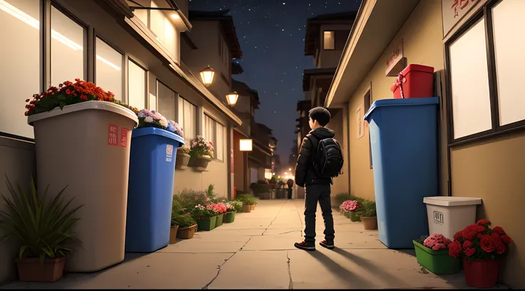 On the night of Valentines Day, a Chinese boy waits in the trash can of the community waiting to pick up gifts and flowers