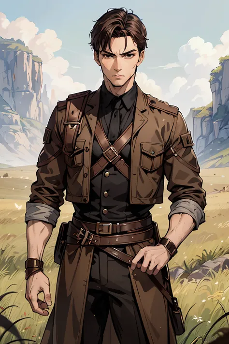 Adventurers outfit, uniform, damaged clothing, brown and dark clothing colour, young adult, 20 years, European face structure, German face structure, short hair, dark brown hair, muscular, tall, brown eyes, serious expression, 6.3 feet tall, strong, mascul...