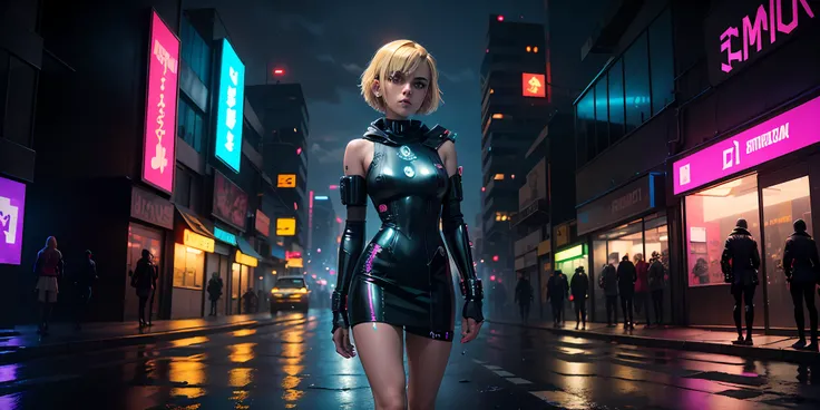 Kiernan Shipka with short blonde hair in a short dress and black latex neckline standing on a wet street, seios grandes, cintura fina, coxas grossas, em Cyberpunk city, em uma cidade Cyberpunk, no estilo Cyberpunk, Foto Cyberpunk, Cyberpunk shiny latex sho...