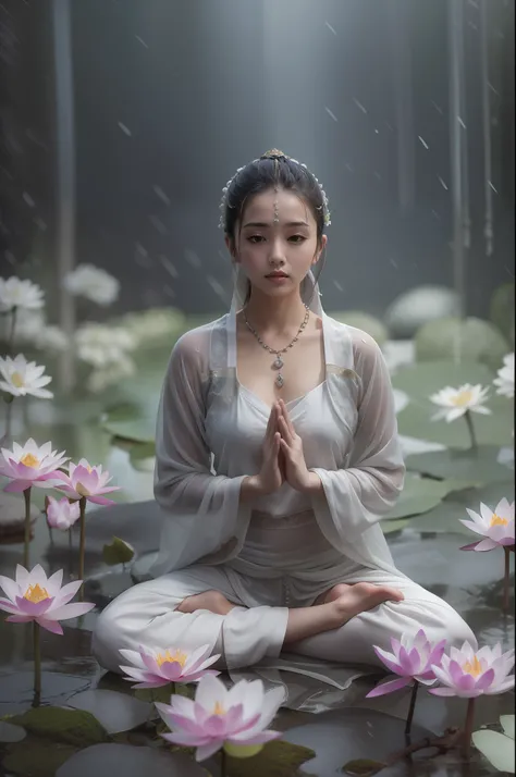 Zen beauty with full body  doing yoga lotus sitting meditation in a rain of milky white mucus