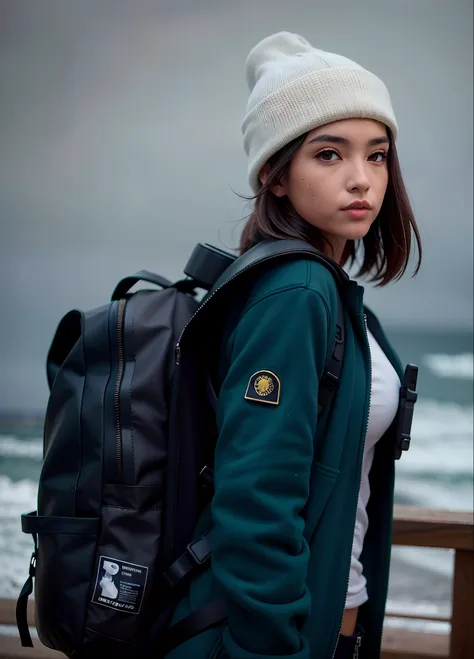 beautiful woman with a backpack and a beanie in front of a building, com uma mochila, mochila, a mulher tem uma mochila, uma mul...