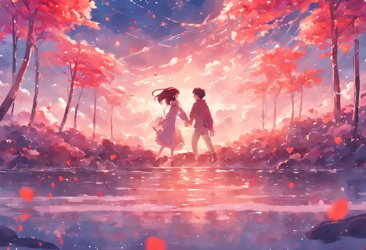 In a romantic atmosphere，couple cuddling，Stroll through the Sea of Roses，Under the blue sky and white clouds，Feel the romantic theme of Valentines Day。