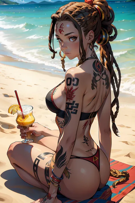 young woman, brown eyes, dreadlocks hairstyle, dreads, blond hair, red flames tattoos on arm, tattoos, tattoed, inked tattoos, on a beach, coconuts on background, drinking one Piña colada