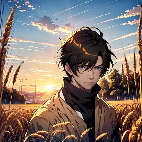 Anime boy in wheat field with sunrise background, Anime handsome man，brunette color hair，blackigeyes，black-clad, Anime portrait of a handsome man, Official illustration, offcial art, young anime man, Key anime art,