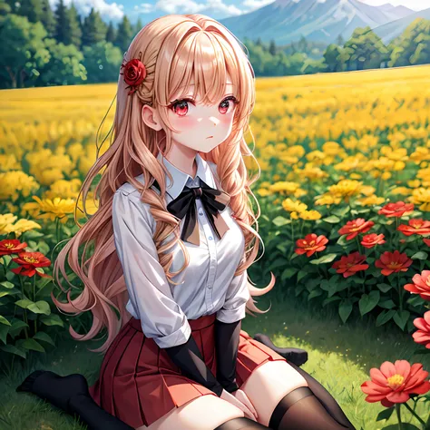 red blush、blonde  hair、Wavy hairstyle、red eyes、Beautiful girl alone、animesque、独奏、a miniskirt、Black tights、flower  field、lonely、sitting on