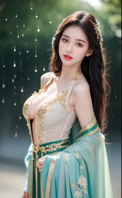 ((Best Quality, 8k, Masterpiece: 1.3)), Focus: 1.2, Perfect Body Beauty: 1.4, Buttocks: 1.2, ((Layered Haircut)), (Wet Clothes: 1.1), (Rain, Street:1.3), (Breasts: 1.2), (Hanfu: 1.2), Bare Shoulders, Bare Legs, Highly Detailed Face and Skin Texture, Fine E...