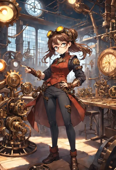 ((masterpiece)), (1girl), (steampunk theme:1.5), (mechanical elements:1.3), (goggles:1.2), (inventor:1.1), (engaged expression), (active pose), ((richly detailed workshop background)), (assorted gears:1.2), (steam-powered machinery), (blueprints),(flickeri...