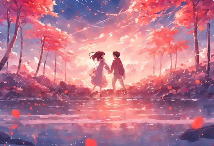 In a romantic atmosphere，couple cuddling，Stroll through the Sea of Roses，Under the blue sky and white clouds，Feel the romantic theme of Valentines Day。