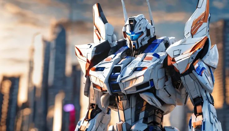 The picture shows white and blue Gundam, The style is very realistic, grandeur of scale, The details are complex, Reflective metallic texture, posing elegantly, rich details​, Cinema 4D textures, High detail，Tall and majestic，With the sky as a background