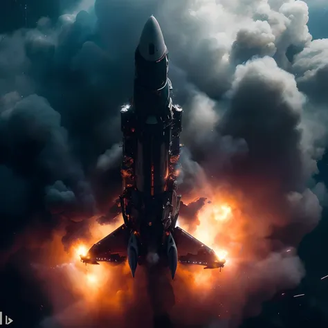 It shines in the spotlight so that the whole rocket is visible、Close up of jet plane flying in a cloud of smoke, The spaceship is on fire, Magnificent lighting from above, Spectacular VFX shots, Dramatic cinematic shots, VFX Shots, Epic cinematic shots, be...