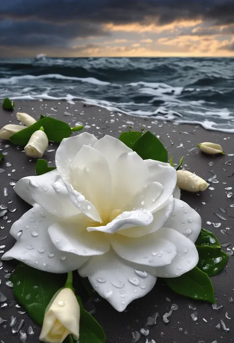 White gardenia floating on the sea，Broken petals are scattered on the sea，Rain hit the sea，Dark and gloomy sky