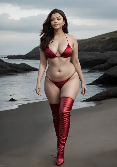 Aishwarya Rai as international model, 42 yo curvy milf, full body head to toe photo, shinny red satin micro mini bikini, thigh high boots, bare breasts almost out, curvy milf figure, big breasts, high ponytail hair, posing outdoors in beach, bright sunny d...