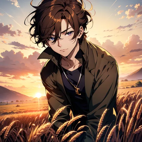 Anime boy in wheat field with sunrise background, Anime handsome man，brunette color hair，Black eyes，Blackn clothes, Anime portrait of a handsome man, Official illustration, offcial art, young anime man, Key anime art,