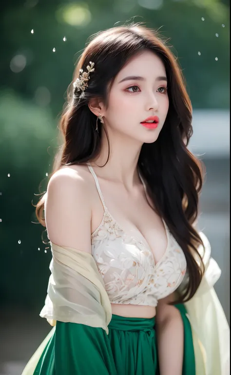 ((Best Quality, 8k, Masterpiece: 1.3)), Focus: 1.2, Perfect Body Beauty: 1.4, Buttocks: 1.2, ((Layered Haircut)), (Wet Clothes: 1.1), (Rain, Street:1.3), (Breasts: 1.2), (Hanfu: 1.2), Bare Shoulders, Bare Legs, Highly Detailed Face and Skin Texture, Fine E...