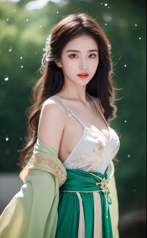 ((Best Quality, 8k, Masterpiece: 1.3)), Focus: 1.2, Perfect Body Beauty: 1.4, Buttocks: 1.2, ((Layered Haircut)), (Wet Clothes: 1.1), (Rain, Street:1.3), (Breasts: 1.2), (Hanfu: 1.2), Bare Shoulders, Bare Legs, Highly Detailed Face and Skin Texture, Fine E...