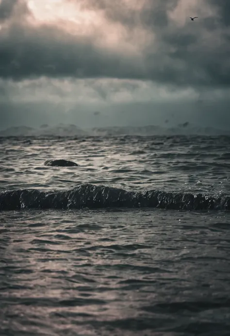 A broken cap floating at sea，Rain hit the sea，Dark and gloomy sky