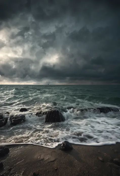 A broken cap floating at sea，Rain hit the sea，Dark and gloomy sky