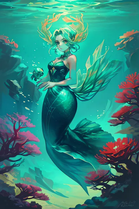 In the deep water of a coral reef, there is a mermaid that looks like a beautiful woman, the body color is more like emerald, the structure is a half mermaid, she looks at me from above, and I look at her from below, I hold a pearl in my hand