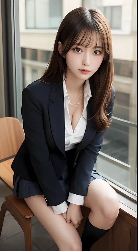 masutepiece, Best Quality, Illustration, Ultra-detailed, finely detail, hight resolution, 8K Wallpaper, Perfect dynamic composition, Beautiful detailed eyes,  Natural Lip,Blazer ,School uniform, cleavage, Full body