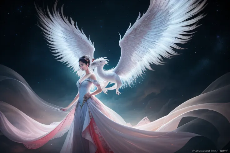 In a captivating image, an elegant woman clad in a white Chinese gown glides through the sky atop a mythical Chinese dragon. As they traverse the heavens, her flowing gown and the dragons iridescent scales create a mesmerizing vision of harmony and otherwo...