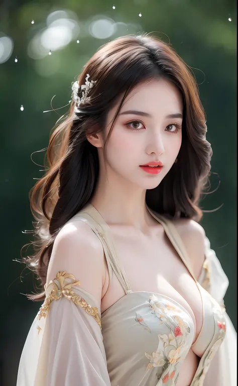 ((Best Quality, 8k, Masterpiece: 1.3)), Focus: 1.2, Perfect Body Beauty: 1.4, Buttocks: 1.2, ((Layered Haircut)), (Wet Clothes: 1.1), (Rain, Street:1.3), (Breasts: 1.2), (Hanfu: 1.2), Bare Shoulders, Bare Legs, Highly Detailed Face and Skin Texture, Fine E...