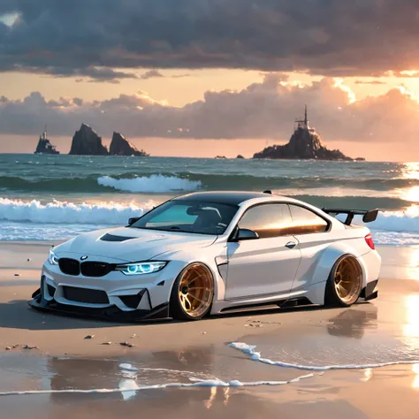 Bmw with liberty walk bodykit, riding on beach, in sunshine morning