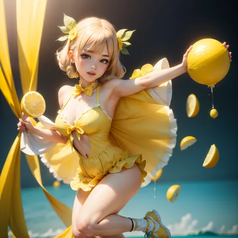 Female idol covered in lemon（Cute costumes）、Looks fun、full body Esbian、Grab a lemon with your right hand