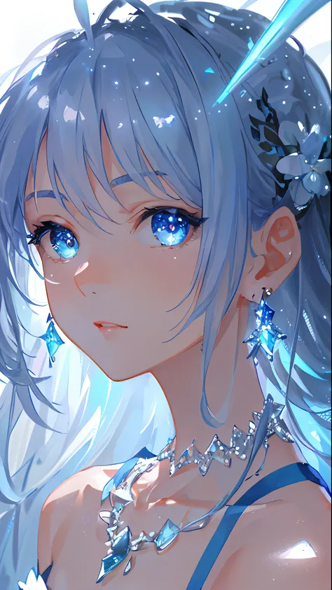 masterpiece, best quality, illustration, sax blue, platinum earrings, platinum necklace, white dress, 1girl, cute, (dynamic lighting:1.2), cinematic lighting, delicate facial features, detailed eyes, sharp pupils, realistic pupils, depth of field, bokeh, s...