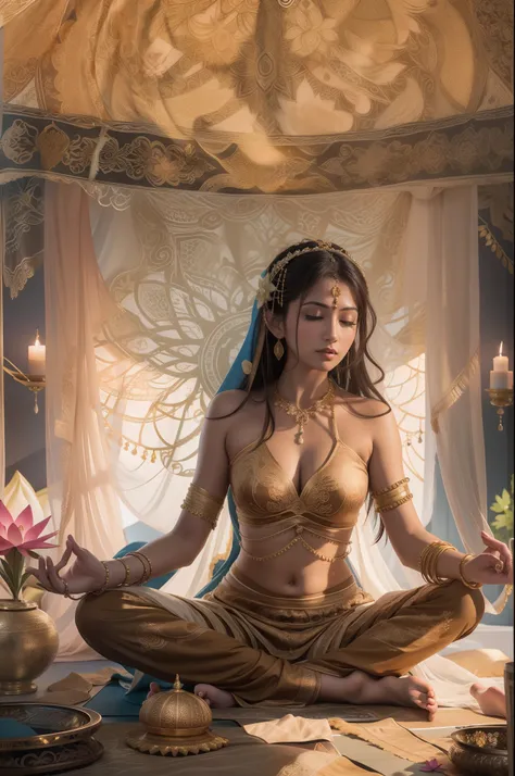 Tantric beauty doing yoga lotus sitting meditation on bed