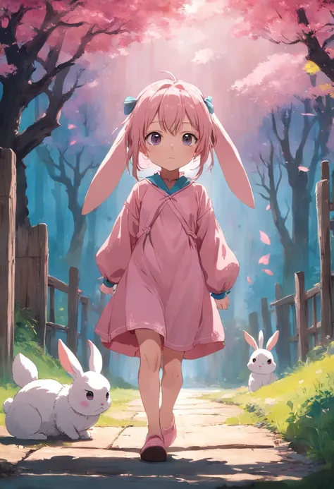 A little rabbit with three ears，A little girl wore a long pink dress