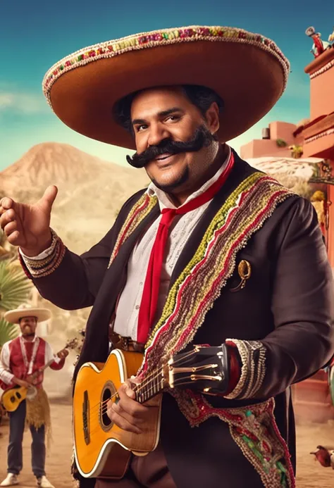 Um velho mexicano mariachi gordo de meia-idade com barba castanha comendo burguer, sombrero hat, vestido tradicional mariachi, Pixar, corpo inteiro, frente pura, hands stretched forward, light perception, detalhes otimizados. Scenario with marijuana plants...