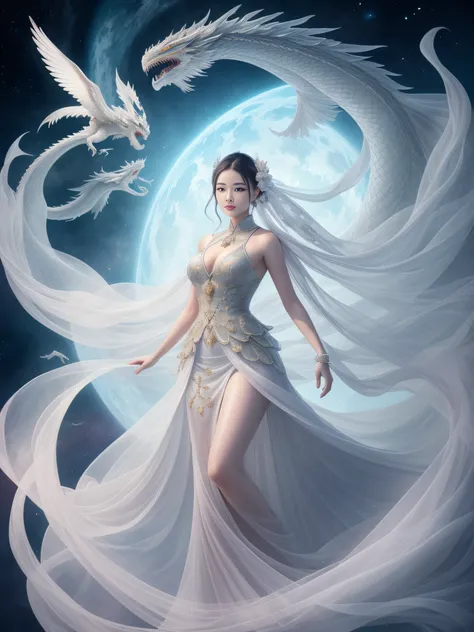 In a captivating image, an elegant woman clad in a white Chinese gown glides through the sky atop a mythical Chinese dragon. As they traverse the heavens, her flowing gown and the dragons iridescent scales create a mesmerizing vision of harmony and otherwo...