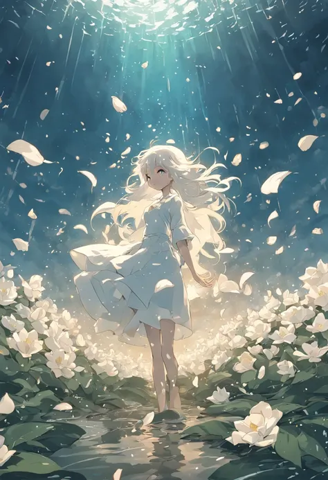 White gardenia petals floating on the sea，Broken petals are scattered on the sea，Rain hit the sea，Dark and gloomy sky