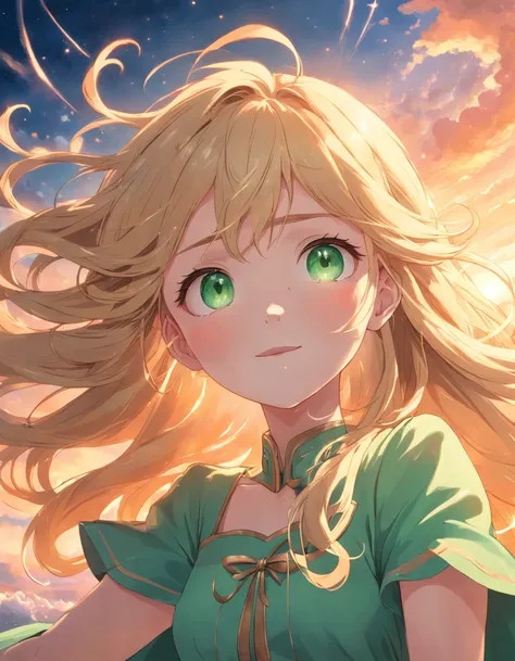 masterpiece, best quality, movie still, 1girl, cloud girl, long and waved blond hair, large green crystal eyes, floating in the sky, close-up, bright, happy, warm soft lighting, sunrise, (sparks:0.7)