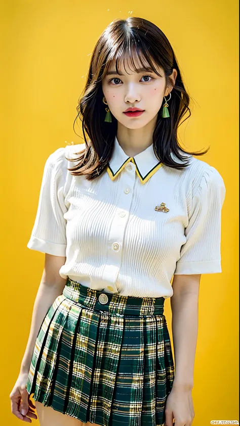 (Best Quality, 8k, 32k, Masterpiece, UHD:1.2), pretty Korean woman picture, very big breasts, very short bobbed hair, very realistic skin texture, fine facial noise, very detailed lips, cowboy shot, face focus, yellow-green skirt, earrings, dark studio bac...