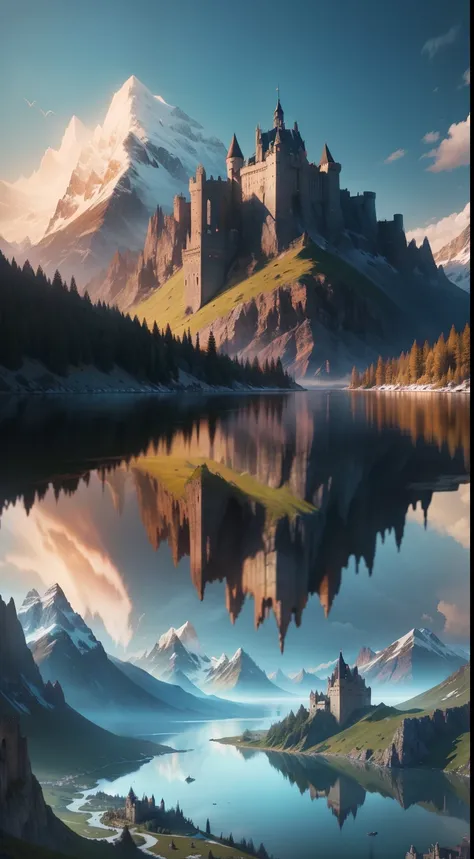 mountains and a lake with a castle on top of it, impressive fantasy landscape, epic dreamlike fantasy landscape, epic fantasy landscape, 4k fantasy art, most epic landscape, 8k fantasy art, 8k stunning artwork, fantasy art landscape, 4k highly detailed dig...