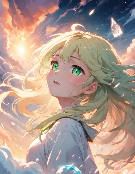 masterpiece, best quality, movie still, 1girl, cloud girl, long and waved blond hair, large green crystal eyes, wearing white casual attire, floating in the sky, close-up, bright, happy, warm soft lighting, sunrise, (sparks:0.7)