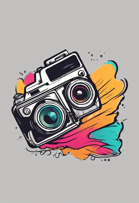 on camera logo A detailed illustration, dinosaur splash, t-shirt graphic design piece of artwork, flat design of one retro, colorful shades, highly detailed clean, vector image, flat white background, isometric, vibrant vector, t-shirt design, retro, vinta...