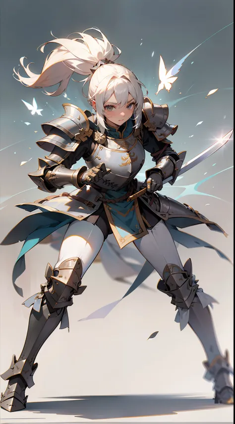 Game standing drawing，clean backdrop，with a pure white background，Plate armor heavy fighter，Stand with a sword，femele，The ponytail is fluttering and messy，Heroic，（Full body like：1.4），The face is clear and accurate，detail in face，The armor details are detai...