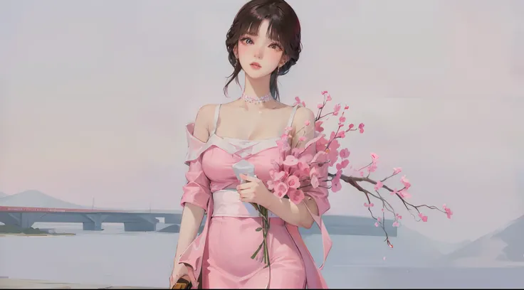 Manhwa Style，portrait，Arad woman in pink dress holding a bouquet of flowers, beautiful Korean women, Beautiful young Korean woman, xintong chen, Gorgeous young Korean woman, A young Asian woman, a cute young woman, wenfei ye, korean womens fashion model, x...