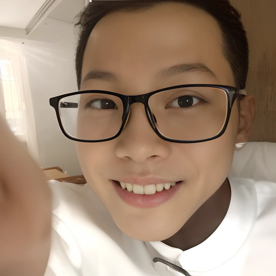 Alafard boy smiling at the camera wearing glasses and a white shirt, slight nerdy smile, With glasses, cute slightly nerdy smile, eye glass, wenjun lin, selfie shot straight on angle, xintong chen, ryan jia, !!Wearing glasses!!, Selfie Photos, Li Zixin, lo...