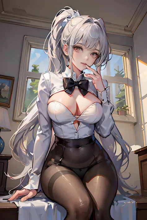 1个Giant Breast Girl！Ray traching，best shadow，A high resolution（dim murky lights）detailedbackground（liveroom）Fluffy silver hair，plump and slender girl，With a high ponytail, avoid golden eyes in the ominous living room（Girl wears a transparent shirt，transpar...