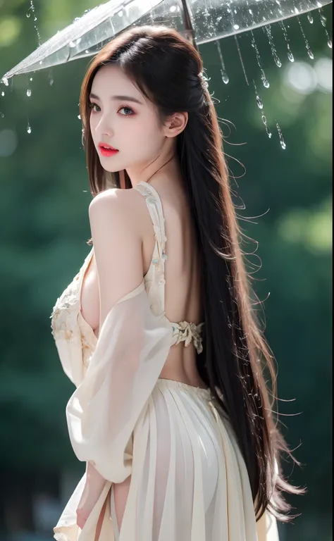 ((Best Quality, 8k, Masterpiece: 1.3)), Focus: 1.2, Perfect Body Beauty: 1.4, Buttocks: 1.2, ((Layered Haircut)), (Wet Clothes: 1.1), (Rain, Street:1.3), (Breasts: 1.2), (Hanfu: 1.2), Bare Shoulders, Bare Legs, Highly Detailed Face and Skin Texture, Fine E...