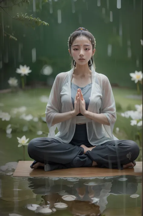 Sweat-soaked Zen beauty doing yoga lotus sitting meditation in a rain of ，（Complete, delicate and good-looking face）