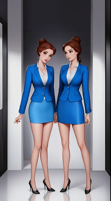 (BelleWaifu:1), (blue skirt suit, blue blazer, blue pencil skirt, single hair bun, low bun), (black high heels), bare legs, 2girls, duo, twins, clones, posing, office, standing in a straight row