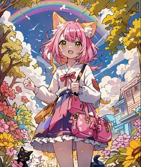 masutepiece、with cats（cute cat）、a pink-haired（（rainbow-colored hair））